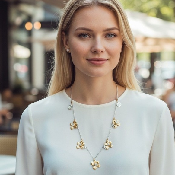 J.Jill Jewelry - Boho Chic Hammered Flower Station Necklace Mixed Metal Gold Silver Elegant‎